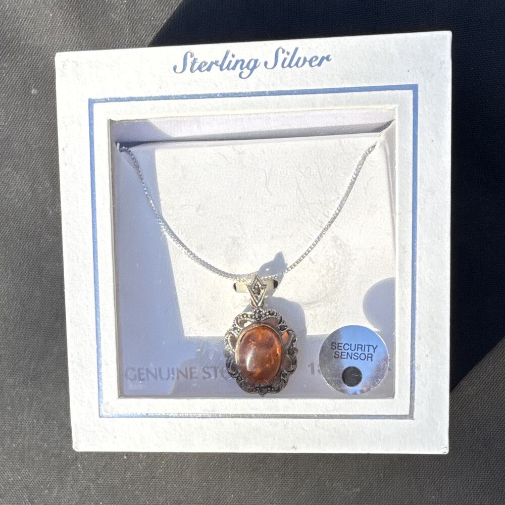 925 Sterling Silver Amber Oval Bezel Charm Pendant Necklace Box Chain 18” NIB